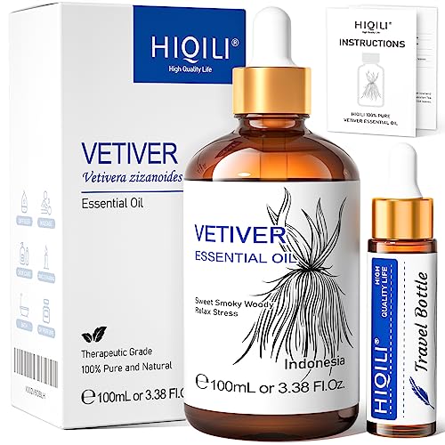 HIQILI Vetiver Essential Oil, 100% Pure Natural for Diffuser- 3.38 Fl Oz.