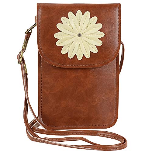 Small floral Women Girls Cell Phone Crossbody Purse Wallet Shoulder Bag with Touch Screen View Window (Brown)