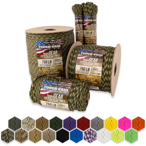 TOUGH-GRID 750lb Forest Camo Paracord/Parachute Cord - 100% Nylon Mil-Spec Type IV Paracord Used by The US Military, Great for Bracelets and Lanyards, 100Ft. - Forest Camo