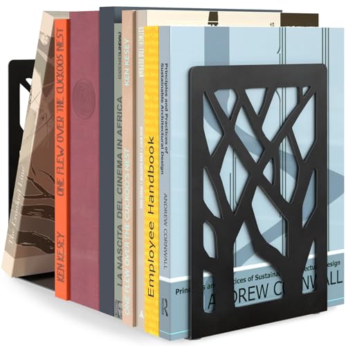 MaxGear Book Ends Tree Design Modern Bookends for Shelves, Non-Skid Bookend, Heavy Duty Metal Book Stopper for Books/DVDs, Decorative CD Holder & Video Game Organizer, 7 x 4.7 x 3.5”, Black