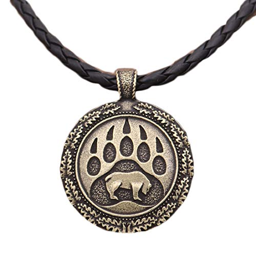Caiyao Viking Polar Bear Necklaces Animals Pawprint Big Round Disc Pendant Bear Claw Footprint Butterfly Moth Insect Neclaces for Men Women Hunter Brave Jewelry (A copper bear)