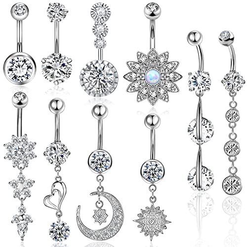 Belly Button Piercing Ring for Women Girls, 10 PCS 14G Surgical Steel Belly Button Rings Barbell Jewelry Rings Bulk for Body Piercing with Long Bar Dangle Curved Navel Rings Heart Belly Ring