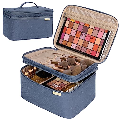 NISHEL Large Double Layer Travel Makeup Bag Women, Large Cosmetic Case, Organizer for Travel-Size Accessories Bottles, Brushes, Conditioner, and Skin Care Products, Aegean-Blue