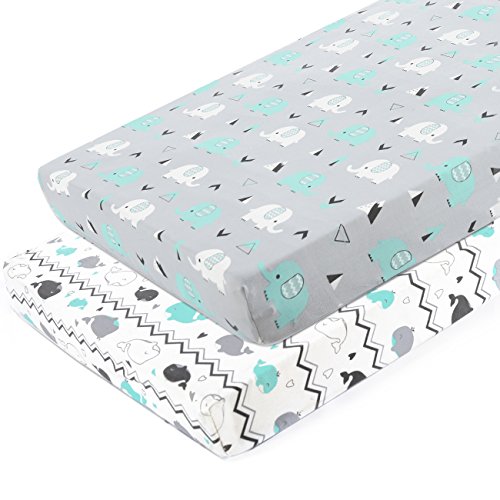 Pack n Play Sheets, BROLEX 2 Pack Mini Crib Sheets,Stretchy Portable Fitted Playard Sheet Set, Convertible Playard Mattress Cover,Ultra Soft Breathable Material,Elephant & Whale