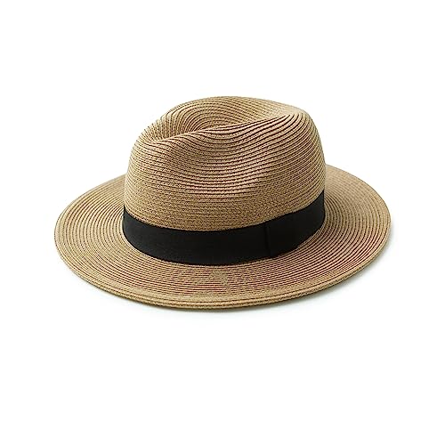 Joywant Abby Straw Sun Hat for Women with UV Protection Wide Brim Wind Lanyard,Travel Foldable Summer Beach Hat Panama Fedora-Brown