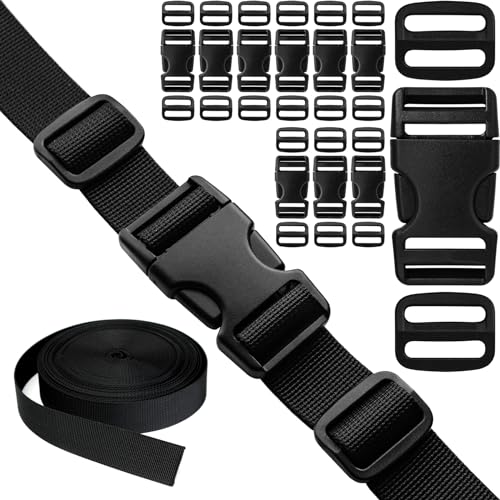 HISUNTEC Buckles Straps Set 1 inch: 10 pack Side Release Plastic Buckle + 12 yard Nylon Webbing Strap + 20 pcs Tri-glide Slide Clip, Heavy Duty Quick Snap Fastener Dual Adjustable No Sewing Required