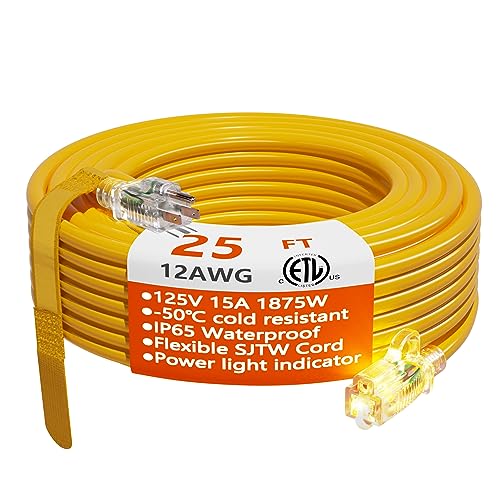 HUANCHAIN 12/3 Gauge Heavy Duty Outdoor Extension Cord 25 ft Waterproof with Lighted end, Flexible Cold-Resistant 3 Prong Electric Cord Outside, 15Amp 1875W 12AWG SJTW, Yellow, ETL