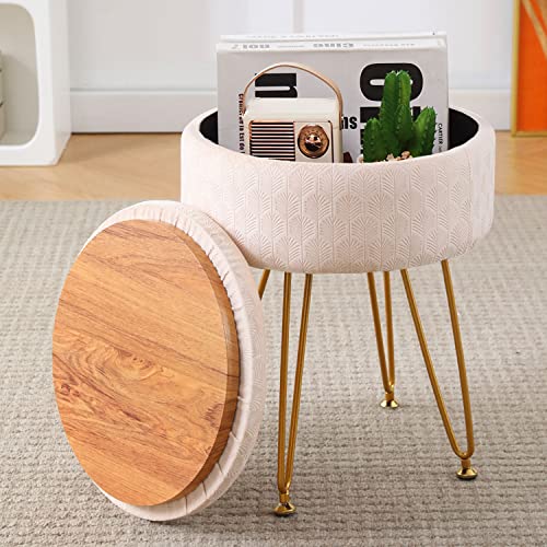 Cpintltr Footrest Footstools Round Velvet Ottoman with Storage Space Soft Vanity Chair with Memory Foam Seat Small Side Table Hallway Step Stool 4 Gold Metal Legs with Adjustable Footings Champagne