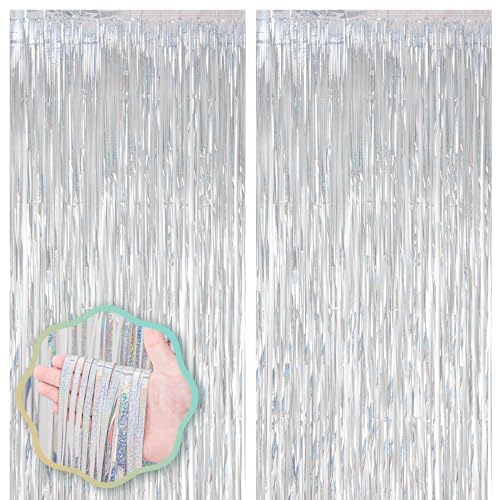 Voircoloria 2 Pack Laser Silver Foil Fringe Backdrop Curtains, Tinsel Streamers Birthday Party Decorations, Fringe Backdrop for Graduation, Baby Shower, Gender Reveal, Disco Party