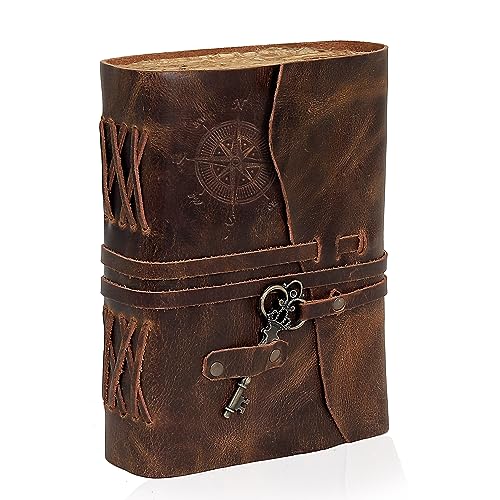 C CUERO Compass Vintage Leather Journal Antique Handmade Bound Journal with Deckle Edge Paper Diary Leather Sketchbook Drawing Journal Notebook Great Gift Men & Women (6X8 Inch)