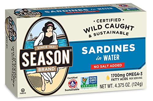 Season Sardines in Water – No Salt Added, Wild Caught, 22g of Protein, Keto Snacks, More Omega 3's Than Tuna, Kosher, High in Calcium, Canned Sardines – 4.37 Oz Tins, 12-Pack