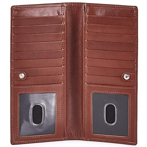 Long Wallet for Men Women Real Leather Bifold RFID Stylish Slim Handmade 2 ID Window Credit Card Holder in Gift Box (Cognac, Fine Grained)