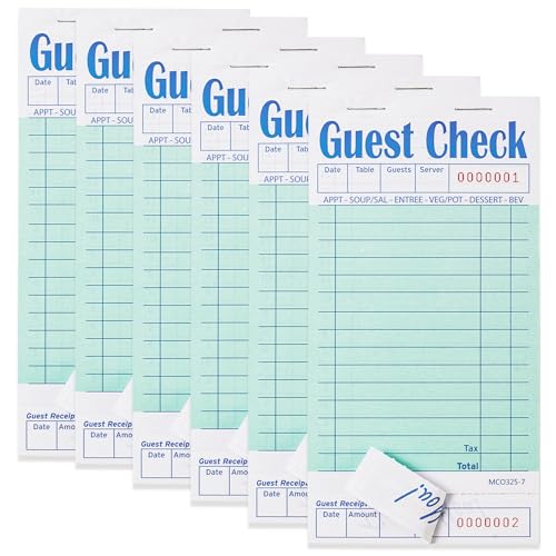 ZPARIK 6 Pack Guest Checks Books for Servers Server Note Pads, Waiter Checkbook, Waitress Notepad for Restaurants, Paper Checks 50 Sheets/Pack, 300 Total Tickets