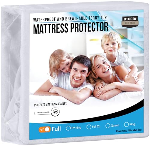 Utopia Bedding Waterproof Mattress Protector Full Size, Premium Terry Mattress Cover 200 GSM, Breathable, Fitted Style with Stretchable Pockets (White)