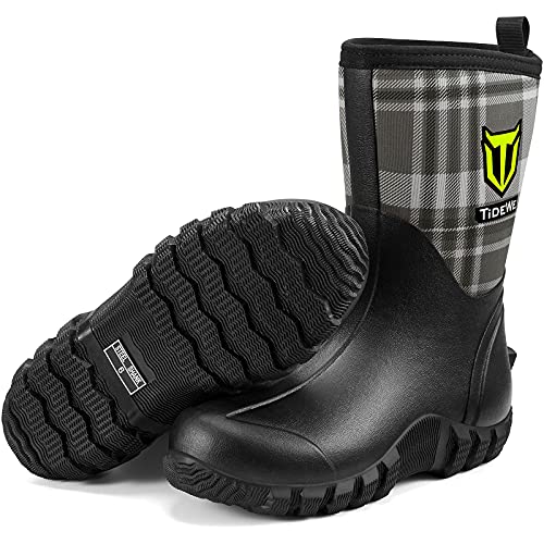 TIDEWE Rubber Boots for Women, 5.5mm Neoprene Insulated Rain Boots with Steel Shank, Waterproof Mid Calf Hunting Boots, Durable Rubber Work Boots for Farming Gardening Fishing (Plaid Size 9)