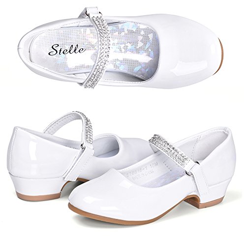 Stelle Girls Dress Shoes Toddler White Communion Easter Low Heels Flower Girl Mary Jane Flats for School Uniform Wedding(2ML, T02-White)