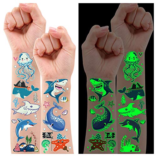 Partywind 130 Styles Luminous Shark Temporary Tattoos for Kids, Glow Shark Birthday Decorations Party Favors Supplies for Boys and Girls, Ocean Under Sea Fake Tattoo Stickers (10 Sheets)