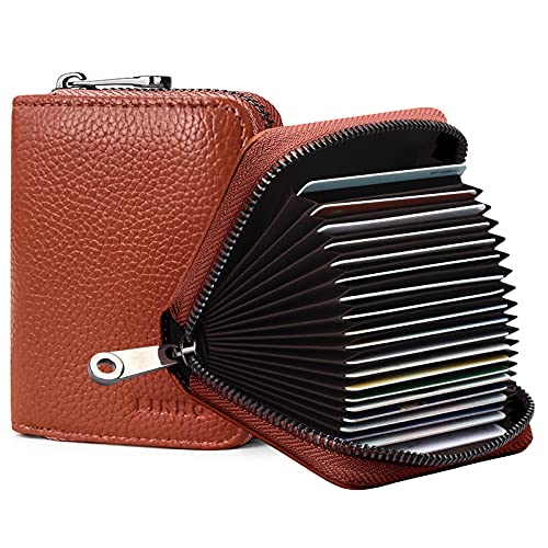 Linno RFID 20 Card Slots Credit Card Holder Genuine Leather Small Card Case for Women or Men Accordion Wallet with Zipper