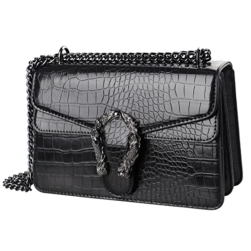 Crossbody Shoulder Bag for Women Luxurious Snake Print Leather Chain Tote Evening Square Handbag Satchel Purse Black