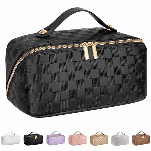 ALEXTINA Large Capacity Travel Cosmetic Bag - Portable Makeup Bags for Women Travel Toiletry Bag Waterproof Leather Checkered Makeup Organizer Bag, Roomy Cosmetic Bag for Women and Girls, Black