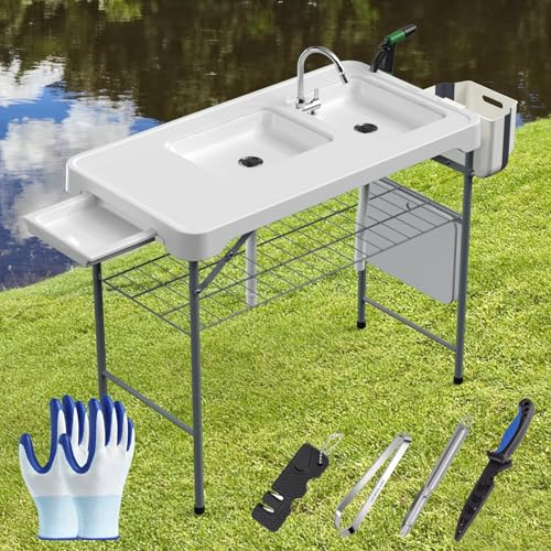 ERGMASTER Fish Cleaning Table with Sink 42.6' Width Portable Folding Camping Table with Measure Mark|Outdoor Fish Cleaning Station with Grid Rack&6pc Fish Cleaning Kit for Patio