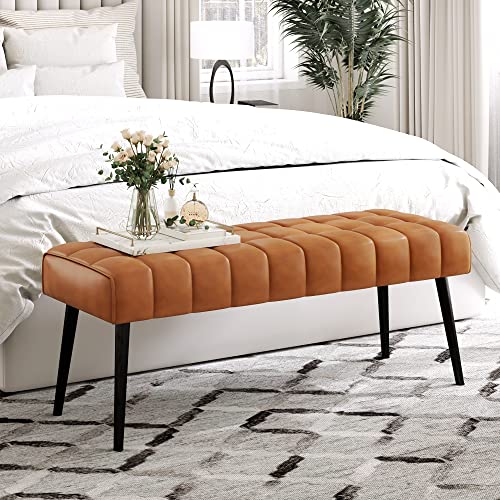 LUE BONA 44.5” End of Bed Bench, Faux Leather Tufted Upholstered Bedroom, Modern Ottoman Bench with Metal Legs for Living Room, Entryway, Dining Room, 300LB, Whiskey Brown