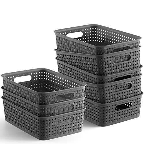 NETANY Plastic Storage Baskets - 8 Pack, Gray, Durable, Easy to Use, Flexible, Multi-Purpose, Ideal for Closets, Cabinets, Shelves, Countertops