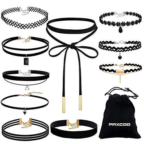 PAXCOO 10PCS Black Velvet Choker Necklaces with A Stroage Bag for Women Girls