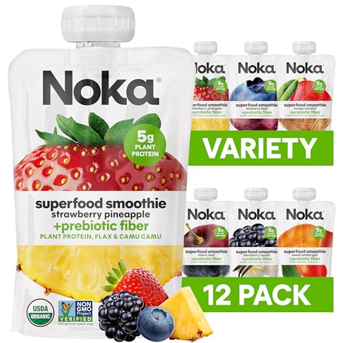 Noka Superfood Fruit Smoothie Pouches Variety Pack, Healthy Snacks with Flax Seed, Plant Protein and Prebiotic Fiber, Vegan and Gluten Free Snacks, Organic Squeeze Pouch, 4.22 oz, 12 Count