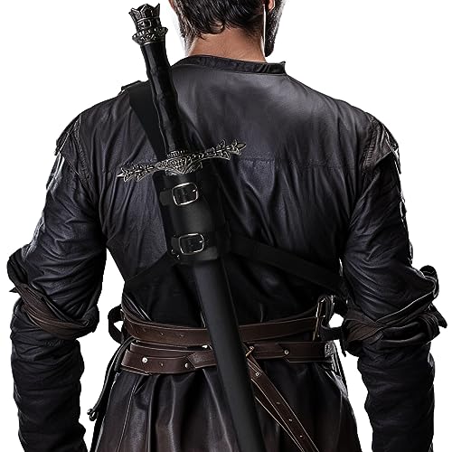 Medieval Leather Back Sword Shoulder Frog - Adjustable Sheath Holster Renaissance Warrior Costume Accessory Black
