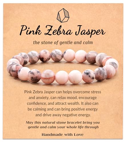 Seyaa Anti Anxiety Bracelet for Women, Pink Zebra Jasper Bracelet, Birthday Valentines Day Gift for Her Teen Girls, Stress Relief Anxiety Yoga Bracelet, Natural Crystal Stone Healing