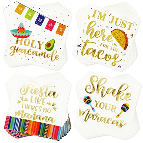 BLUE PANDA 100 Pack Mexican Fiesta Napkins for Cinco de Mayo Party Supplies, Taco Fiesta Decorations in 4 Designs (5x5 Inches)