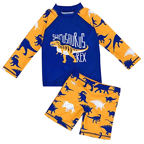 2-Piece Boys Dinosaur Swimsuit Sets Long Sleeve Shirt Trunks Bathing Suits Toddler Baby Cartoon Swimwear Kids Rash Guards 2-12 Years UPF 50+ Orange L