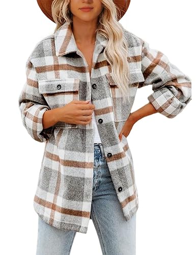 Lviefent Womens Casual Wool Blend Plaid Flannel Shackets Jacket Button Down Shirt Coat (Z-Grey, Small)