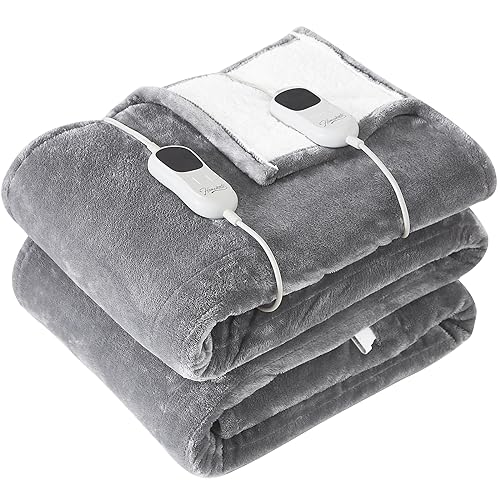 Homemate Heated Blanket Electric Throw - 84'x90' Heating Blanket Throw 1/2/4/6/8 Hours Auto-off 10 Heat Level Heat Blanket Over-heat Protection Flannel Sherpa Heater Blanket Electric ETL Certification