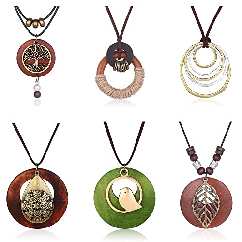 Fansilver 6Pcs Long Pendant Necklaces for Women Handmade Boho Vintage Wood Necklace Bird Leaf Tree Layered Pendant Necklace Brown Sweater Y Necklace Fashion Hippie Jewelry