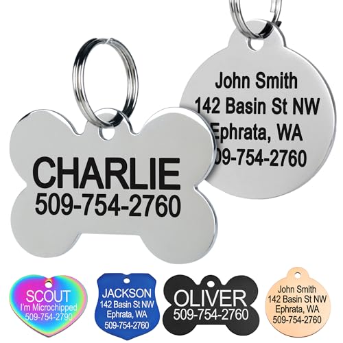 GoTags Stainless Steel Pet ID Tags, Personalized Dog Tags and Cat Tags, up to 8 Lines of Custom Text, Engraved on Both Sides, in Bone, Round, Heart, Bow Tie and More