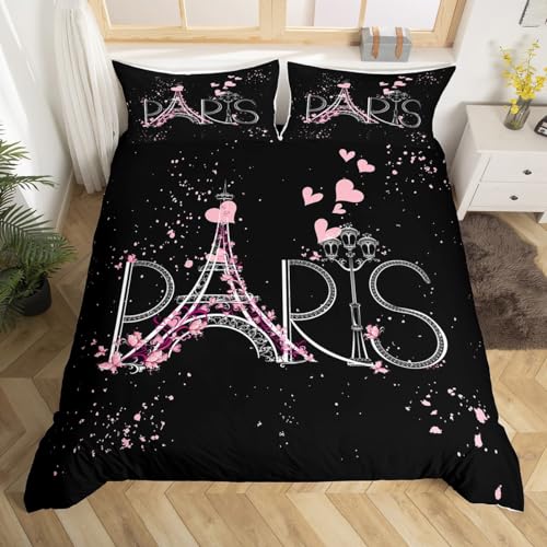 Eiffel Tower Duvet Cover Chic Paris Bedding Set Romantic Theme Comforter Cover for Boys Girls Children Teens Black Pink Bedroom Decor Modern French Style Bedspread Cover Full Size with 2 Pillow Case