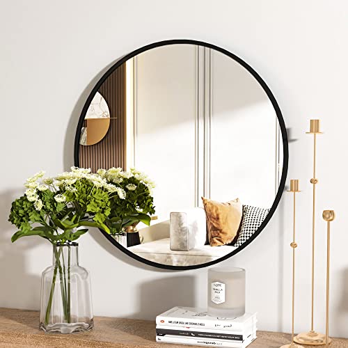 HARRITPURE Round Mirror 30 Black Wall Mounted Circle Mirrors Vanity Mirror with Brushed Aluminum Alloy Frame Modern Decoration for Bathroom, Living Room, Vanity, Bedroom, Entryway