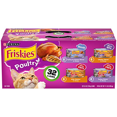 Purina Friskies Gravy Wet Cat Food Variety Pack, Poultry Shreds, Meaty Bits & Prime Filets - (Pack of 32) 5.5 oz. Cans