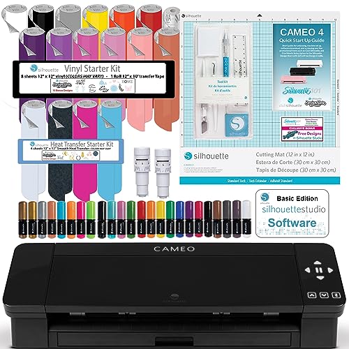 Silhouette Cameo 4 Black Bundle with Vinyl Starter Kit, Heat Transfer Starter Kit, 2 Autoblade-2, CrafterCuts Vinyl Tool Kit, 120 Designs, and Access to Ebooks, Tutorials, Classes.