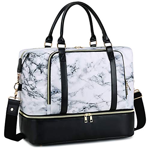 CAMTOP Women Ladies Travel Weekender Bag Overnight Duffel Carry-on Tote Bag with Luggage Sleeve fit 15.6 Inch Laptop Computer (Marble with Shoe Compartment)