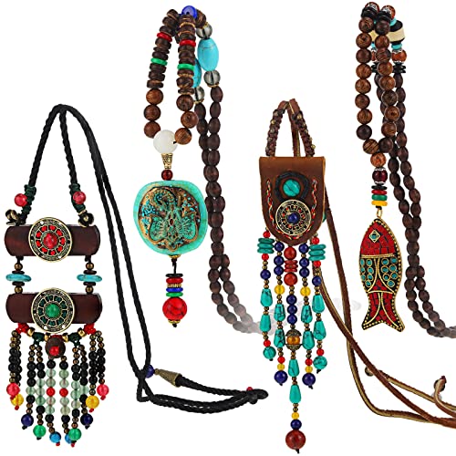 4 Pieces Long Boho Necklaces for Women, Bohemian Wood Beads Pendant Vintage Beaded Necklaces Turquoise Fish Elephant Necklace Chunky Nepal Necklace for Women Girl Jewelry (Vibrant Style)