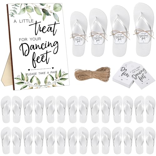 Toulite 107 Pcs Wedding Party Favors for Guest 1 Greenery Wedding Sign 52 Pair White Wedding Flip Flops Wedding Sandal 52 Little Treat Tags with Rope Guest Shoes for Bridal Reception Spa Pool Party