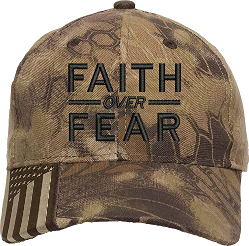 Faith Over Fear Embroidered Structured Adjustable One Size Fits All US Flag on Bill Hat Brown Camo (BrownCamo/Black)