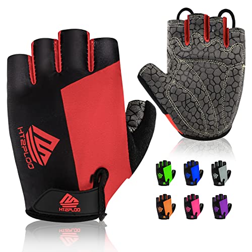 HTZPLOO Bike Gloves Cycling Gloves Biking Gloves Half Finger Bicycle Gloves for Men Women with Anti-Slip Shock-Absorbing Pad,Light Weight Mountain Bike Gloves (Red, Large)