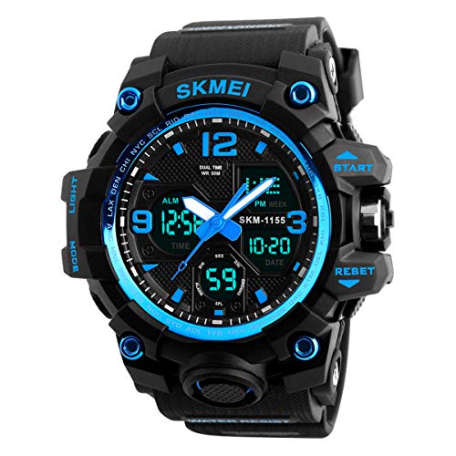 Mens Digital Watches 50M Waterproof Outdoor Sport Watch Military Multifunction Casual Dual Display Stopwatch Wrist Watch Blue Black
