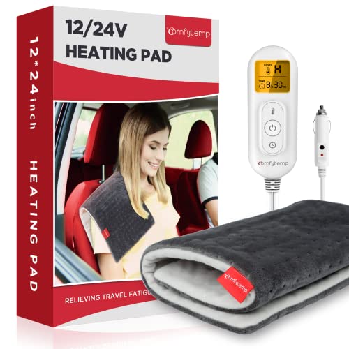 12V/24V Car Electric Blanket for Back Pain Relief, Comfytemp Travel Blanket with 4 Heat Setting, 11 Auto-Off, Portable Mini Blanket for Back Pain, Shoulders and Cramps Relief, 12x 24 Washable