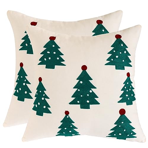 Holibeat Christmas Tree Throw Pillow Covers 18 X 18 Inches Embroidered Cotton Xmas Decoration Pillow Cases with Green Santa Claus Trees (Pack of 2) (Christmas Trees)