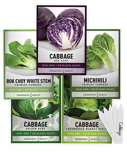 Gardeners Basics, Cabbage Seeds for Planting 5 Individual Packets Bok Choy, Michihili (Napa) Chinese Cabbage, Red, Golden Acre and Copenhagen Market Early for Your Non GMO Heirloom Vegetable Garden